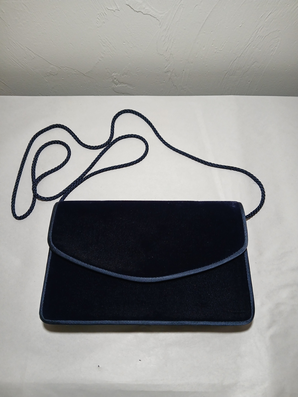 Preston & York Navy Velvet Envelope Clutch with 23" Long Braided Strap